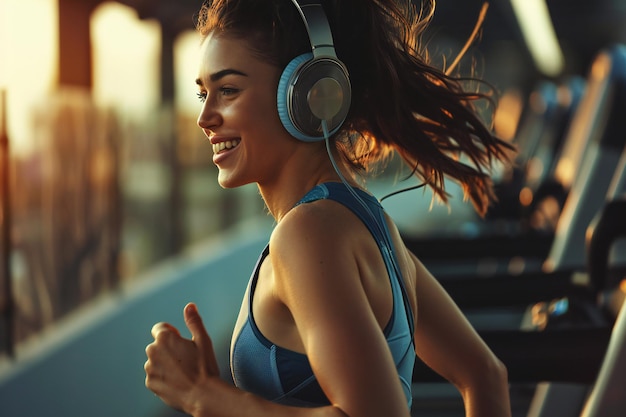 Smiling Fit Woman Running Outdoors at Sunset with Headphones Displaying Fitness and Healthy Lifestyl