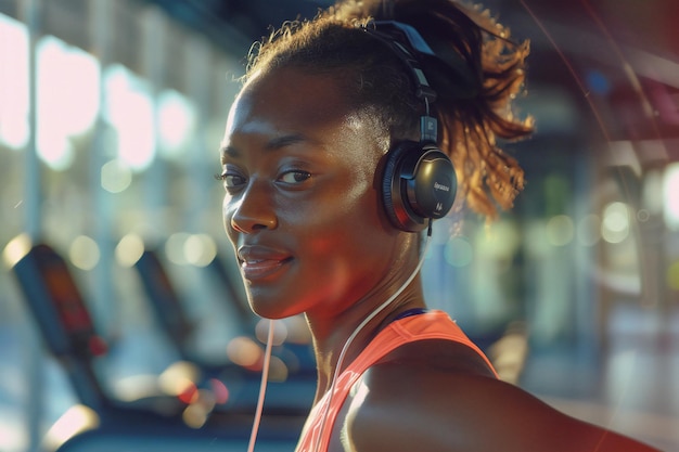 Smiling Fit Woman Running Outdoors at Sunset with Headphones Displaying Fitness and Healthy Lifestyl