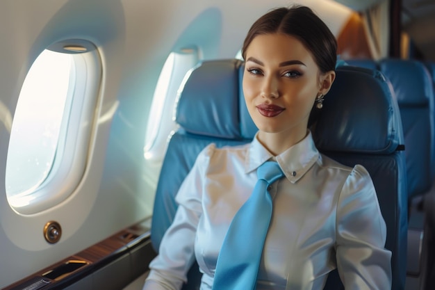 Smiling flight attendant by airplane window