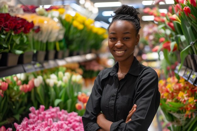 Smiling Florist in Flower Shop with Bouquets with AI generated