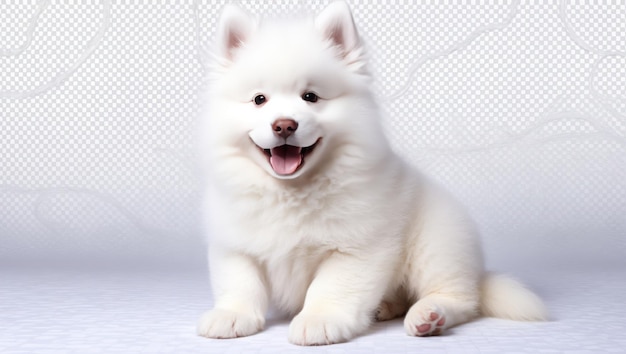 Photo a smiling fluffy samoyed puppy sitting exuding joy and cuteness