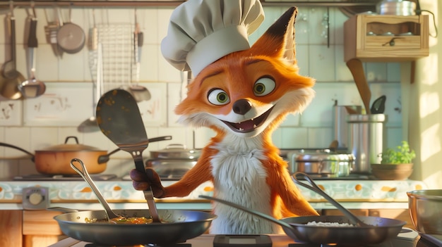 A smiling fox in a chefs hat stirs food in a pan