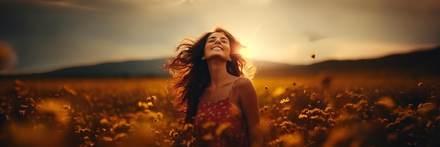 Smiling free woman with her eyes closed taking in the beauty of a sunset on the fields Generative Ai