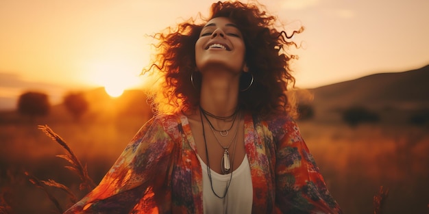 Smiling free woman with her eyes closed taking in the beauty of a sunset on the fields Generative Ai