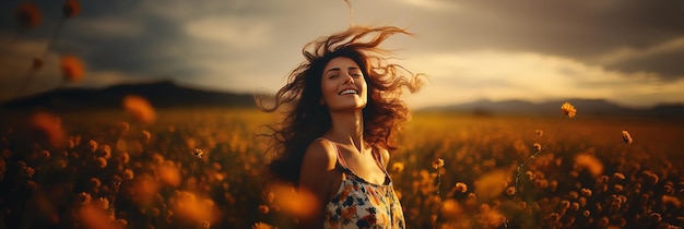 Smiling free woman with her eyes closed taking in the beauty of a sunset on the fields Generative Ai