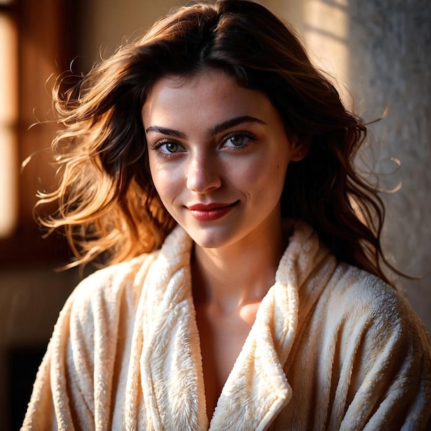 Smiling friendly woman wearing Bathrobe article of clothing fashion