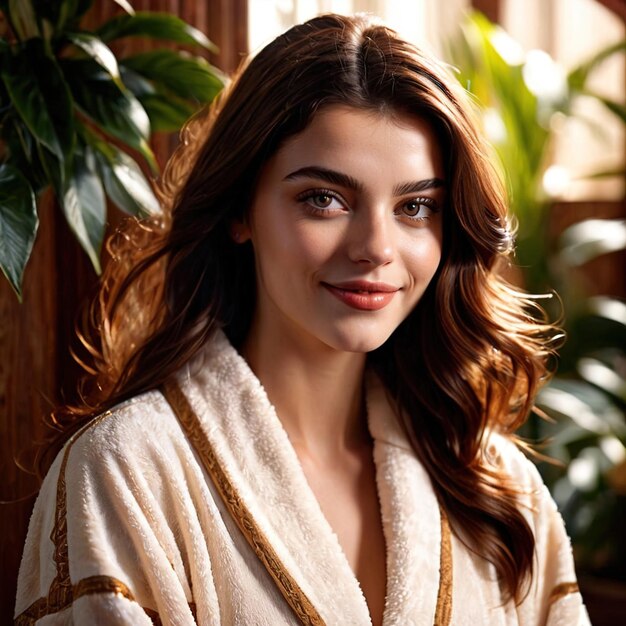 Smiling friendly woman wearing Bathrobe article of clothing fashion