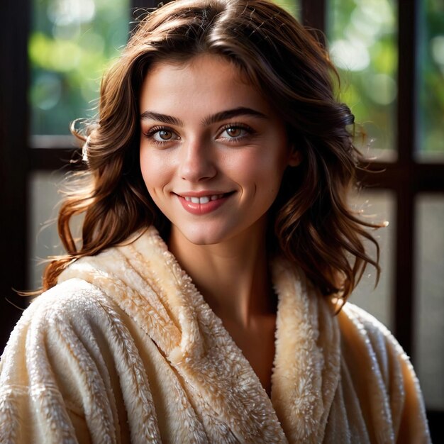 Smiling friendly woman wearing Bathrobe article of clothing fashion