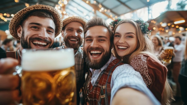 Photo smiling friends holding beer and taking a selfie