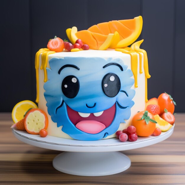 Photo smiling fruit salad face cake with lisa frank inspired design