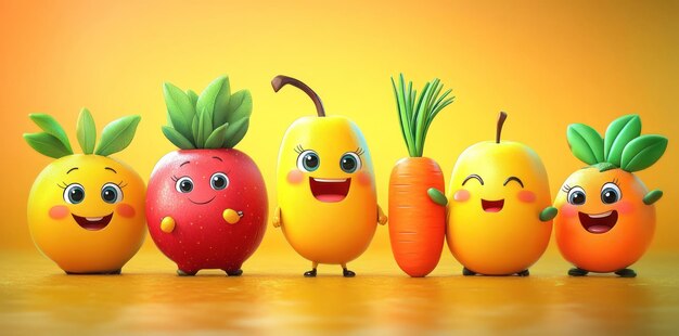 Photo smiling fruit and vegetable characters on yellow background