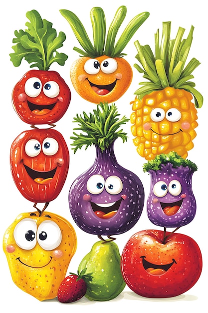 Smiling Fruits and Vegetables Stacked on Top of Each Other