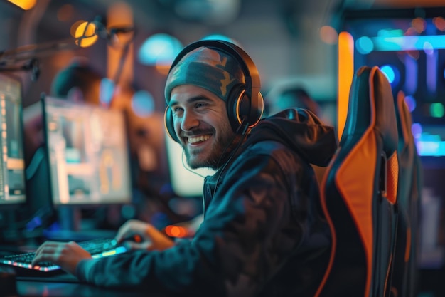 Smiling Gamer Man Headphones Playing PC Neon Blue Lights Esports Team Banner