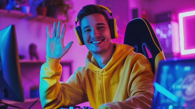 Photo the smiling gamer waving