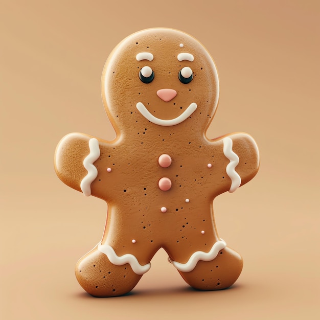 Smiling gingerbread man cookie with icing details on brown background Holiday treat festive