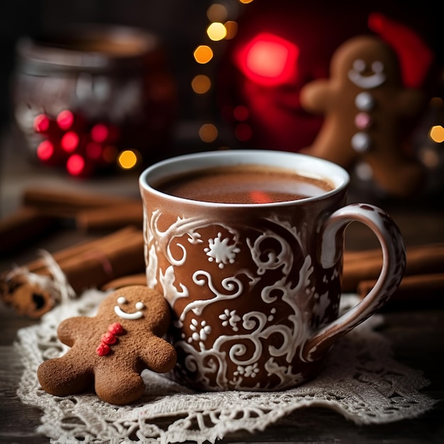 Smiling gingerbread man stands next to a mug of hot cocoa bokeh in the background AI generated