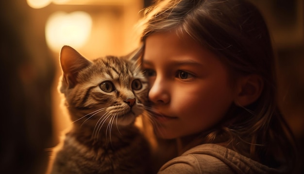 Smiling girl embracing playful kitten indoors happily generated by AI