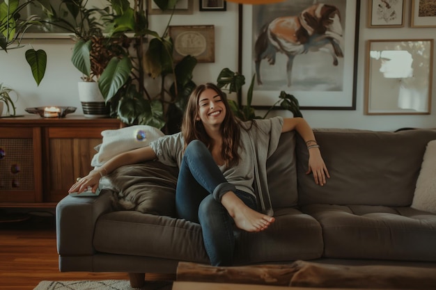 Photo smiling girl enjoying day off lying on the couch home concept relaxing woman