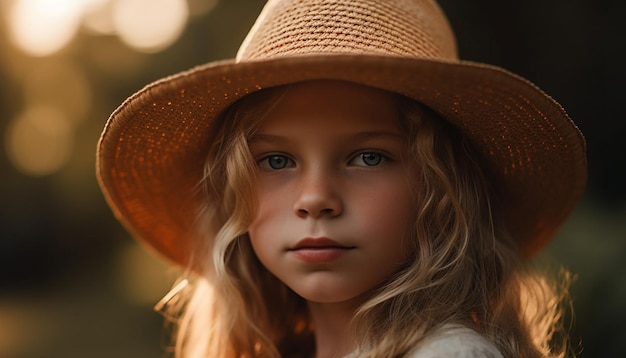 Smiling girl enjoys carefree summer sunset fun generated by AI