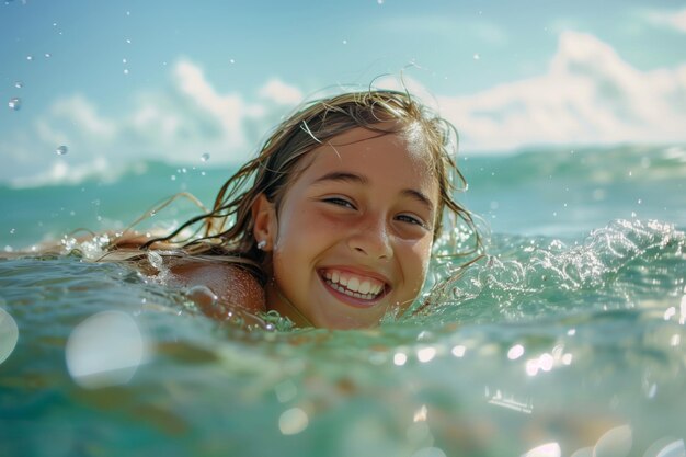 Smiling girl enjoys swimming in the crystalclear sea on a sunny day