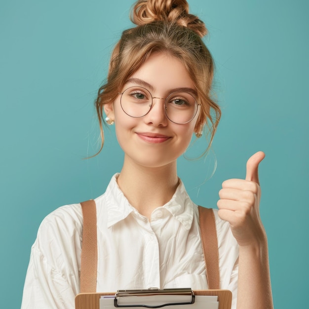 Photo smiling girl holding clipboard against pink background wearing glasses and pink dress aig