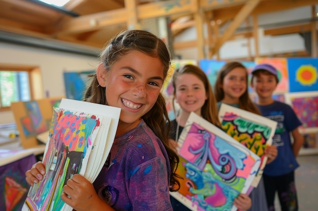 Photo smiling girl holding colorful art project in a classroom