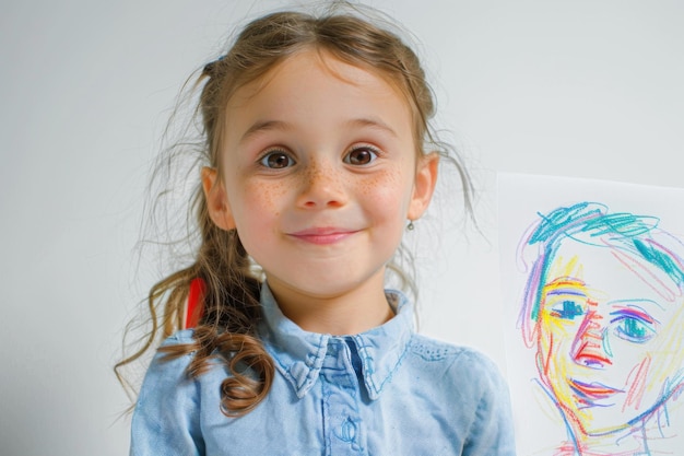 Smiling Girl Holding Drawing Proudly Showing Her Artwork with Freckles