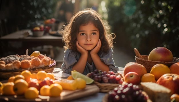 Smiling girl holding fresh fruit enjoying outdoors generated by AI