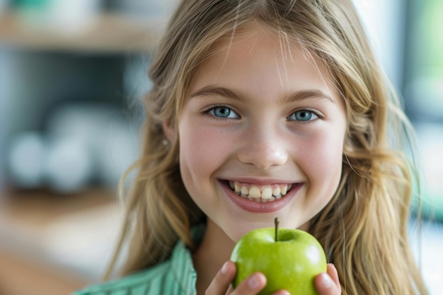 Smiling girl holds apple