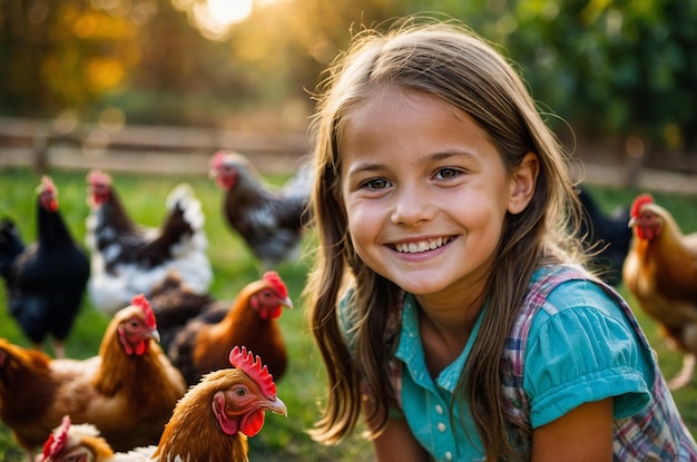 Smiling Girl Looking at Chickens on the Farm