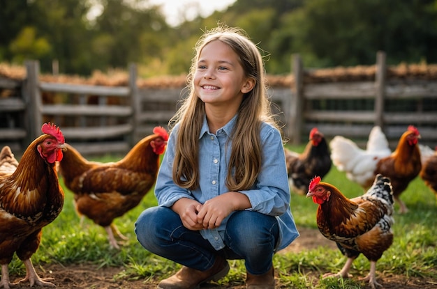 Smiling Girl Looking at Chickens on the Farm