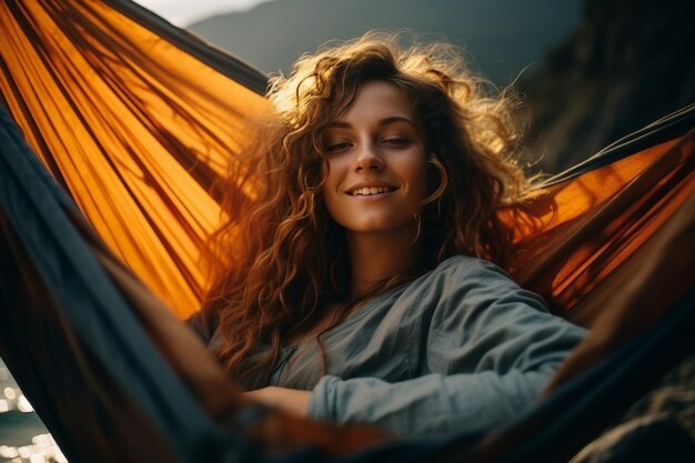 Photo smiling girl lounging in a hammock by the serene sea enjoying a peaceful seaside moment