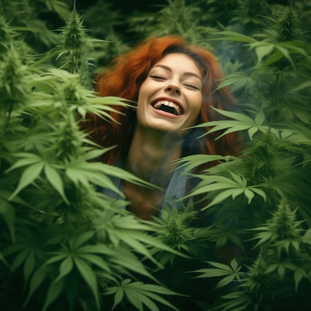 smiling girl in the middle of a marijuana field