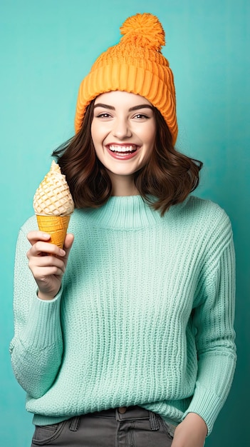 Smiling girl in orange knitted hat and with ice cream