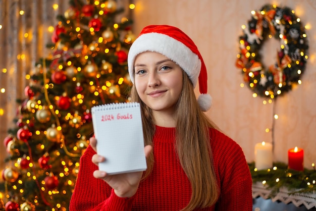 Smiling girl showing notes with inscription 2024 goals