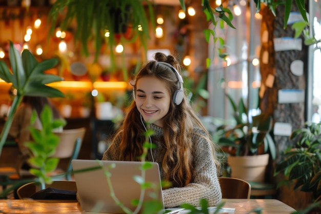 Smiling girl student wear wireless headphone study online with skype teacher happy young woman learn language listen lecture watch webinar write notes look at laptop sit in cafe distant education