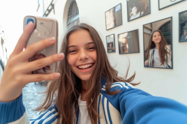 Photo smiling girl taking a selfie