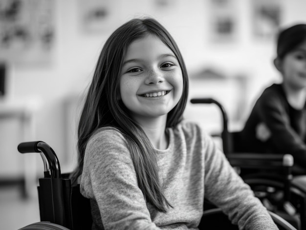 Photo smiling girl in wheelchair