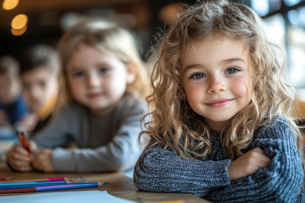 Photo smiling girl with arms crossed sitting at table with friends in art class