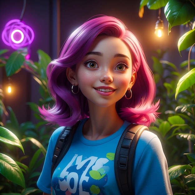 Smiling girl with backpack in green plants generated by AI