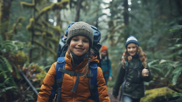 Photo a smiling girl with a backpack leads a group of children on a hike through a lush green forest