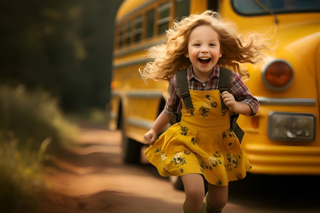 A smiling girl with a backpack runs away from the school bus Generative AI 1