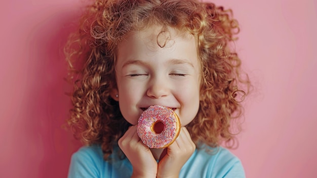 Smiling girl with donuts dieting vs junk food concept