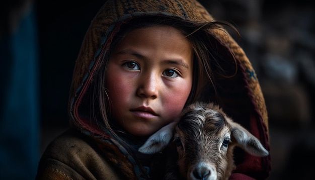 Smiling girl with furry goat on farm generated by AI