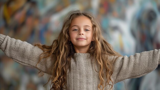 Smiling girl with open arms in front of colorful abstract background