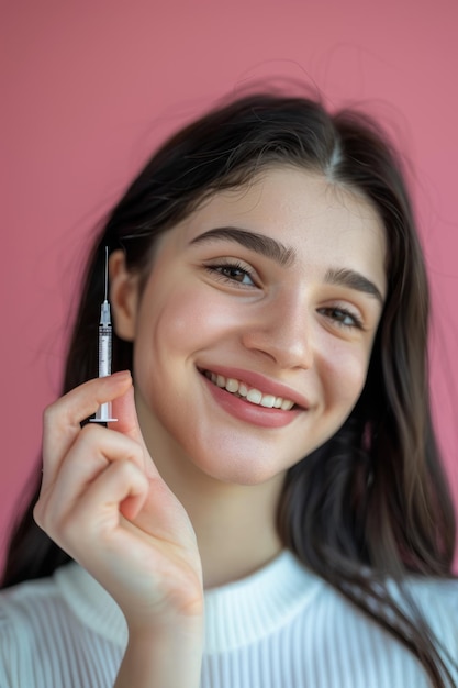 Smiling girl with a syringe in her hand on a plain background Skin care Spa day Vertical orientation