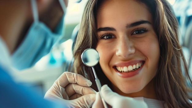 smiling girl or woman patient sitting in dental clinic chair while a dentist check their teeths