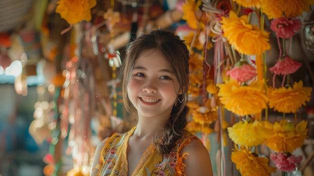 Smiling Girl in Yellow Dress with Traditional Floral Decorations in Ethnic Market Ambiance