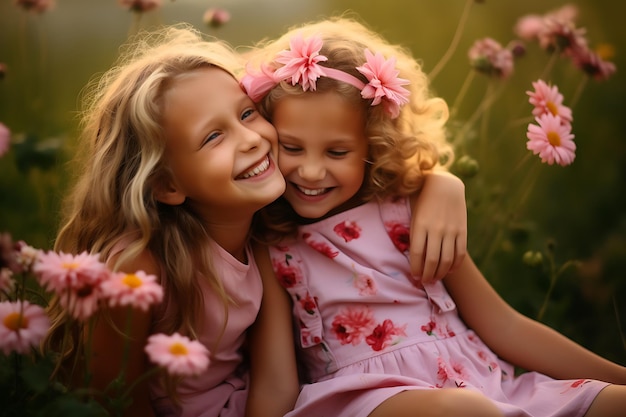 Smiling girls hug enjoy good long friendship