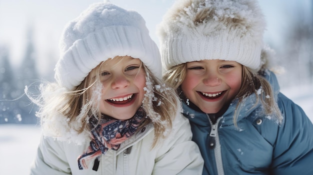 Smiling girls playing in the snow winter fun outdoors